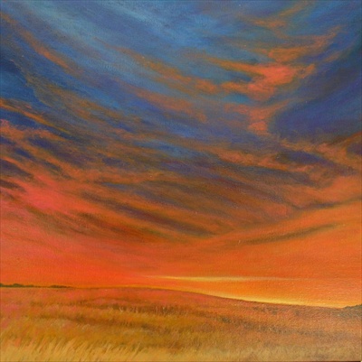 Acrylic Painting titled Field with Orange Sky